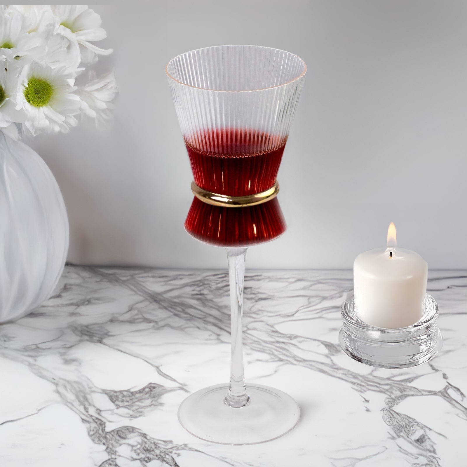 6-Pack Wine Glasses – 9oz Real Glass, Clear Ribbed Design with Gold Ring Accent, Elegant Glassware for Celebrations – 9" Tall