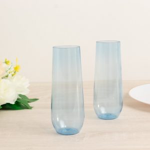 12 Pack Plastic Champagne Flutes in Transparent Blue, Reusable Lightweight Champagne Glass 9oz